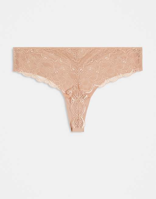 ASOS DESIGN Curve 3 pack no VPL & lace trim lingerie thong in beige, 3 of 3