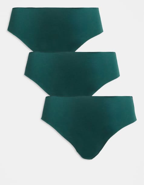 ASOS DESIGN Curve 3 pack of no VPL lace Brazilian briefs in forest green - view 1