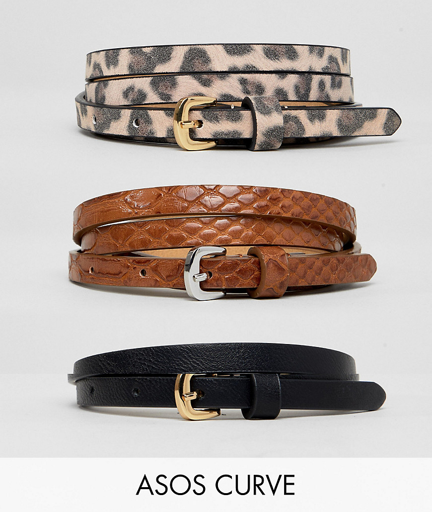 ASOS DESIGN – Curve – 3-pack orm- och leopardmönstrade midje- och höftskärp för jeans-Flerfärgad