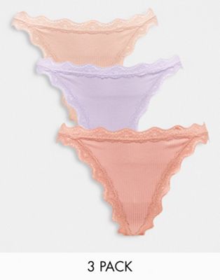 ASOS DESIGN Curve 3 pack rib & lace thong in lavender, pink & mink