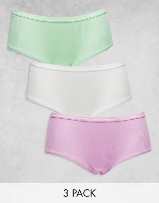 ASOS DESIGN Curve 3 pack ribbed briefs in white, lilac & pistachio