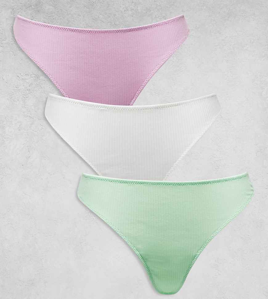 ASOS DESIGN Curve 3 pack ribbed thongs in white, lilac & pistachio-Multi