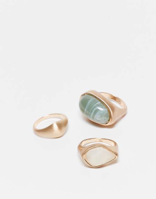 ASOS DESIGN Curve 3-pack rings with semi precious stone set in brushed gold tone