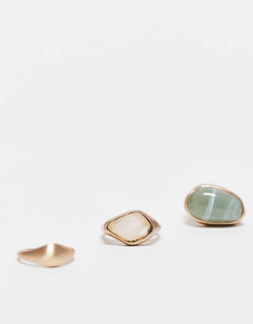 ASOS DESIGN Curve 3-pack rings with semi precious stone set in brushed gold tone