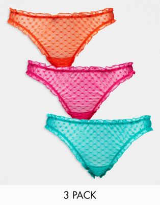 ASOS DESIGN Curve 3 pack scrunch heart mesh thongs in orange, pink & turquoise