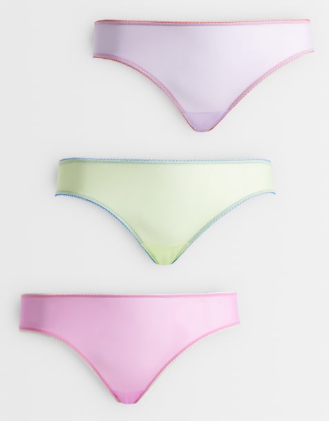 ASOS DESIGN Curve 3 pack sheer mesh high leg brazilian with contrast trim in lilac, blue & lime - view 1