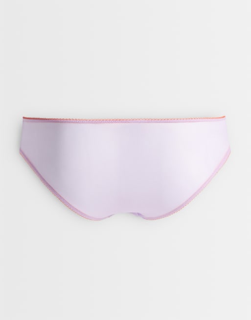 ASOS DESIGN Curve 3 pack sheer mesh high leg brazilian with contrast trim in lilac, blue & lime, 3 of 3