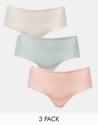 ASOS DESIGN Curve 3 pack short brief in no VPL in pink, sand & sage