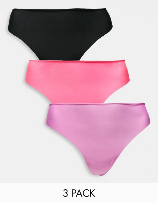 ASOS DESIGN Curve 3 pack thong in no VPL & lace in black, pink & violet