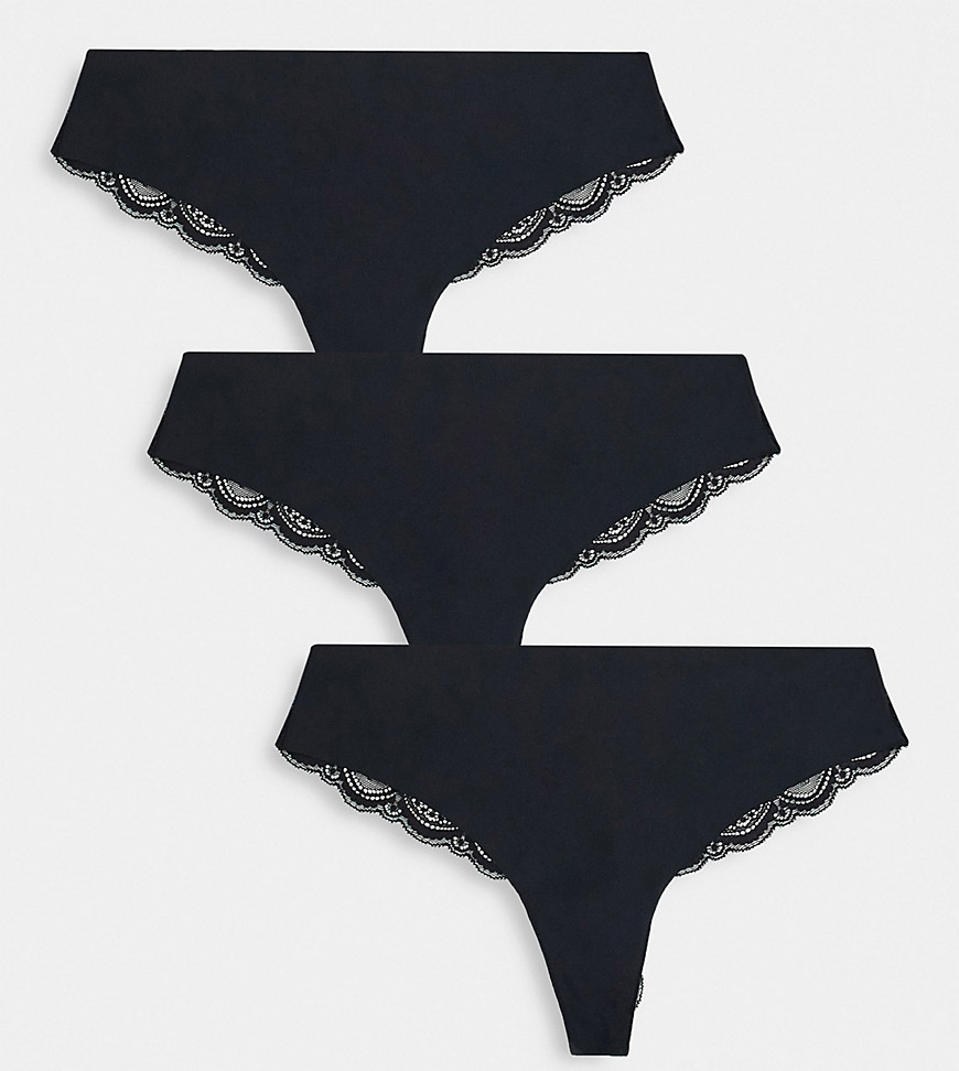 ASOS DESIGN Curve 3 pack thong in no VPL & lace in black