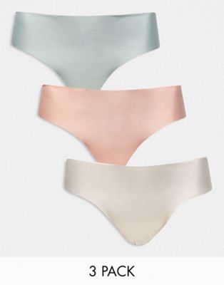 ASOS DESIGN Curve 3 pack thong in no VPL & lace in lilac, blue & blossom