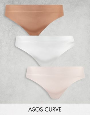 ASOS DESIGN Curve 3 pack thong in no VPL & lace in tonal