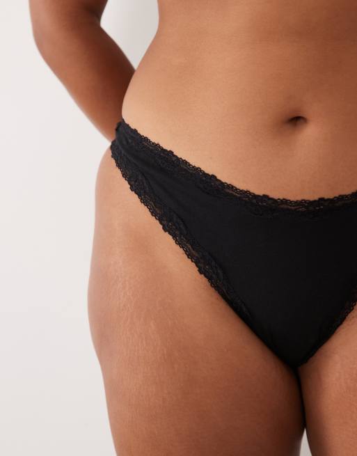 ASOS DESIGN Curve 3 pack thong with lace trim in black, 3 of 5