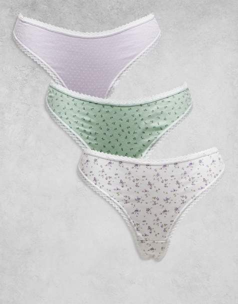 ASOS DESIGN Curve 3 pack thong with lace trim in ditsy print and lilac pointelle - view 1