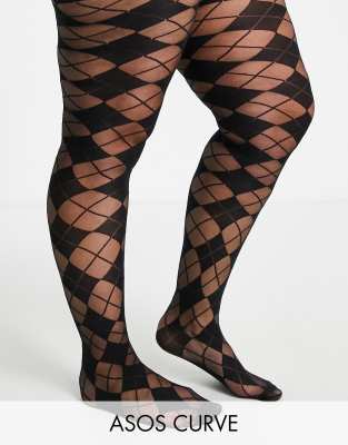 ASOS DESIGN Curve 30 denier argyle check tights in black