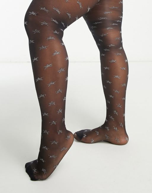 ASOS DESIGN Curve 30 denier glitter star tights in black and