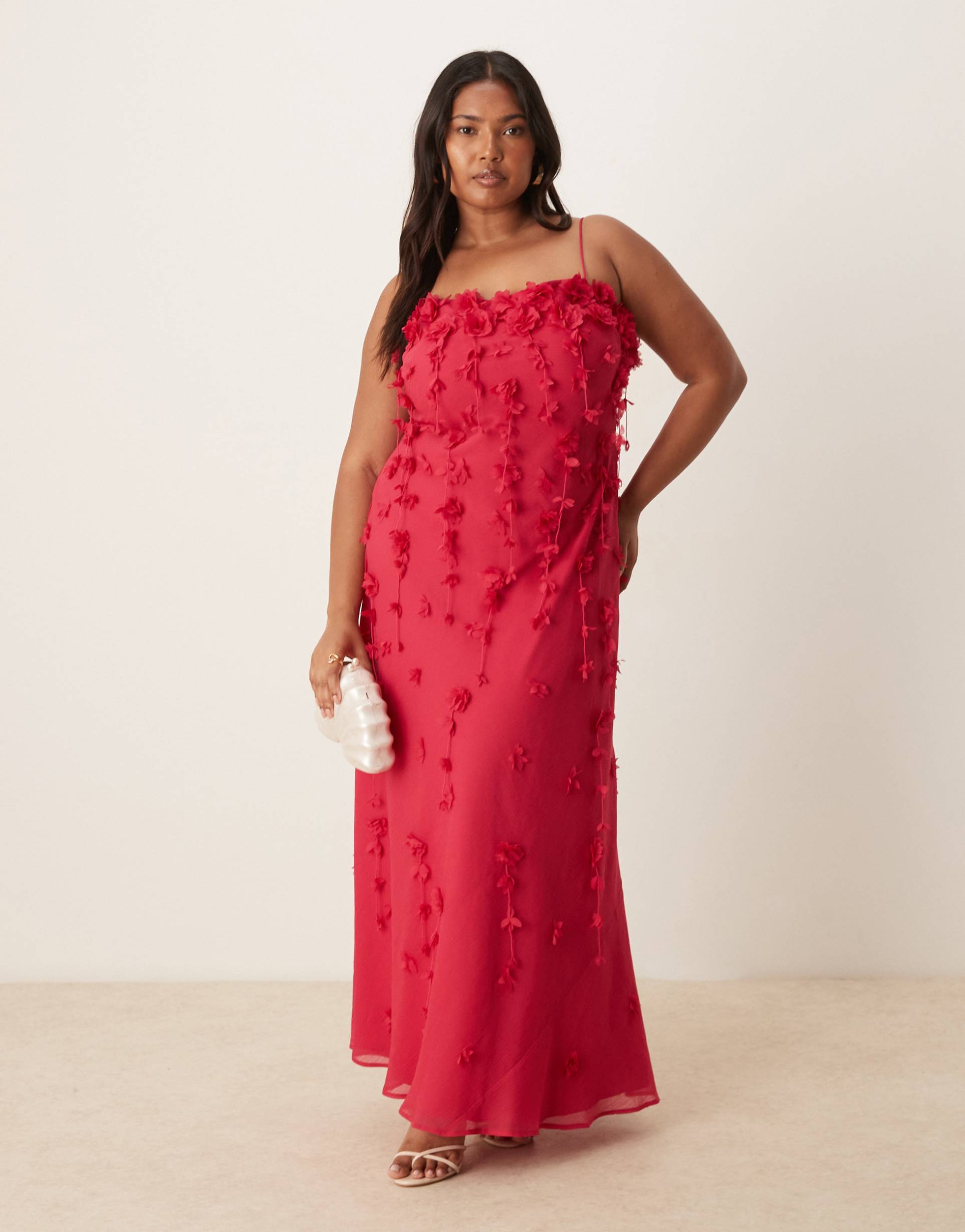 asos design curve 3d flower cami straps maxi dress in pink
