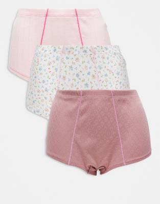 ASOS DESIGN Curve - 3er-Pack bestickte Boxershorts mit Pointelle- und Blümchenmuster-Bunt