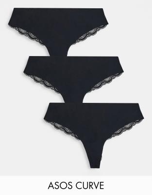 ASOS DESIGN Curve - 3er-Pack brasilianische Slips aus sich nicht abzeichnendem Stoff und Spitze in Schwarz