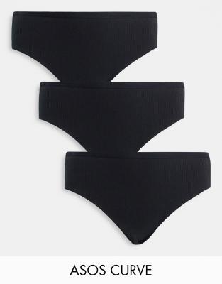 ASOS DESIGN Curve - 3er-Pack gerippte Slips in Schwarz