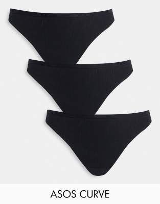 ASOS DESIGN Curve - 3er-Pack gerippte Tangas in Schwarz