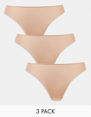 ASOS DESIGN Curve - 3er-Pack sich nicht abzeichnende Tangas in Beige mit Spitzeneinsatz-Neutral