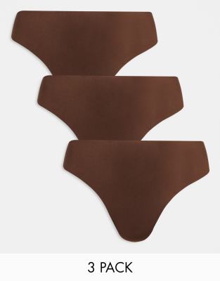 ASOS DESIGN Curve - 3er-Pack sich nicht abzeichnende Tangas in Braun mit Spitzeneinsatz-Brown