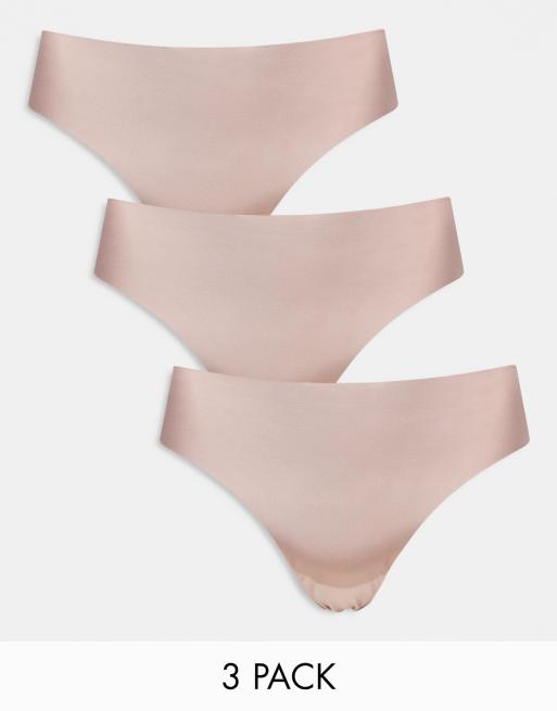 ASOS DESIGN Curve – 3er-Pack sich nicht abzeichnende Tangas in Nerzbraun mit Spitzeneinsatz