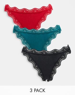 ASOS DESIGN Curve - 3er-Pack Spitzentangas in Tannengrün, Rot und Schwarz mit Rippenstruktur-Bunt