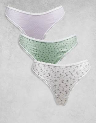 ASOS DESIGN Curve - 3er-Pack Tangas aus Pointelle in Flieder mit Spitzenbesatz und Blümchenmuster-Bunt