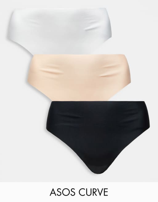ASOS DESIGN Curve – 3er-Pack Tangas aus sich nicht abzeichnendem Stoff und Spitze in verschiedenen Farben
