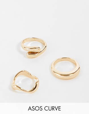 ASOS DESIGN Curve - 3er-Set Ringe mit verschiedenen Designs in Gold-Goldfarben