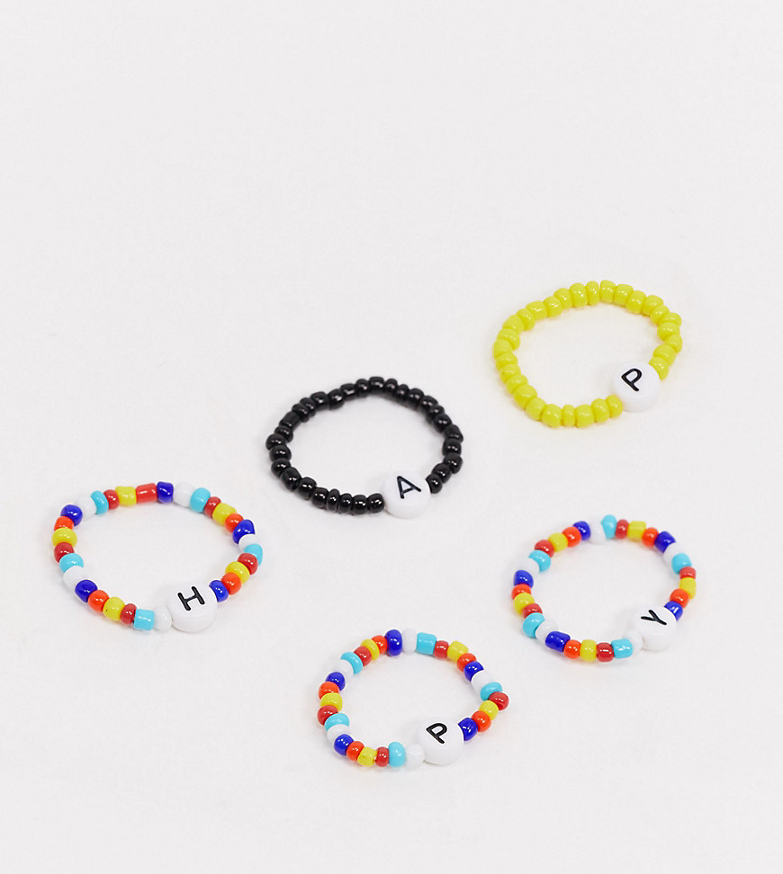 ASOS DESIGN Curve – 5-pack med elastiska pärlringar med ”HAPPY”-design-Flerfärgad