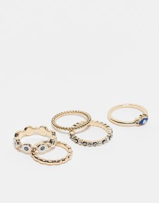 ASOS DESIGN Curve - 5er-Pack Ringe in Gold mit verschiedenen Augen-Designs-Goldfarben