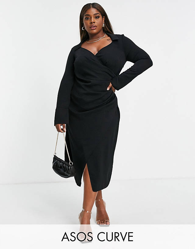 ASOS Curve - ASOS DESIGN Curve 70s drape front wrap midi dress in black