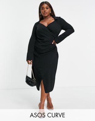 asos design curve 70s drape front wrap midi dress in black