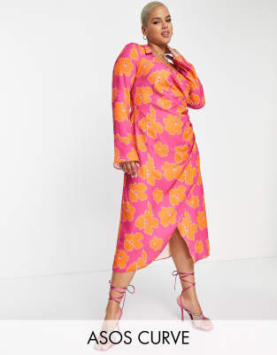 ASOS DESIGN Curve 70s drape front wrap midi dress in orange with pink floral-Multi