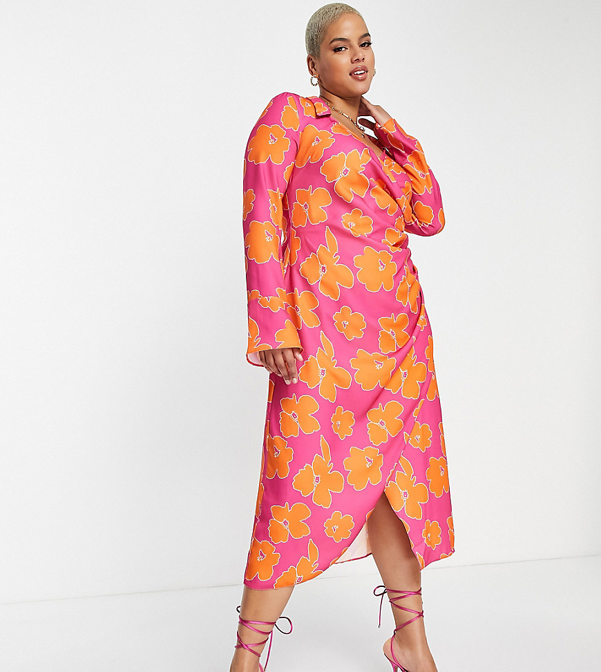 ASOS DESIGN Curve 70s drape front wrap midi dress in orange with pink floral-Multi