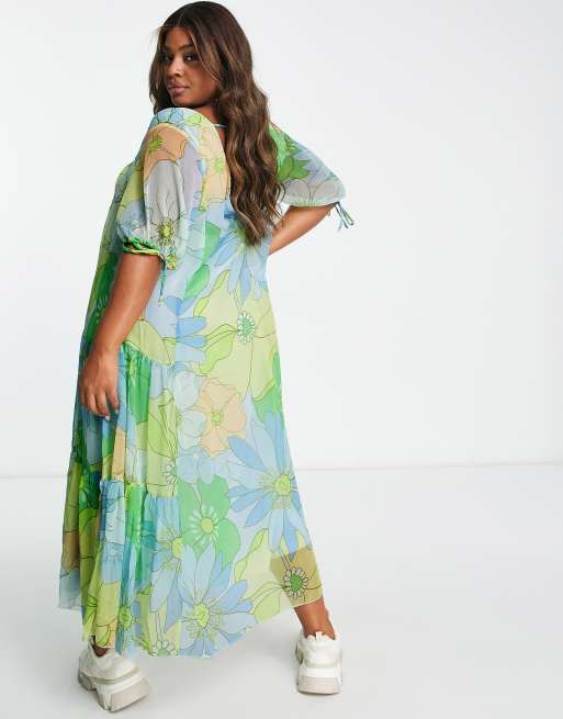 ASOS DESIGN Curve 70s trapeze floral print maxi dress in green