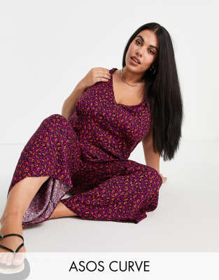 ASOS DESIGN curve 90s knot shoulder jumpsuit in dark floral-Multi