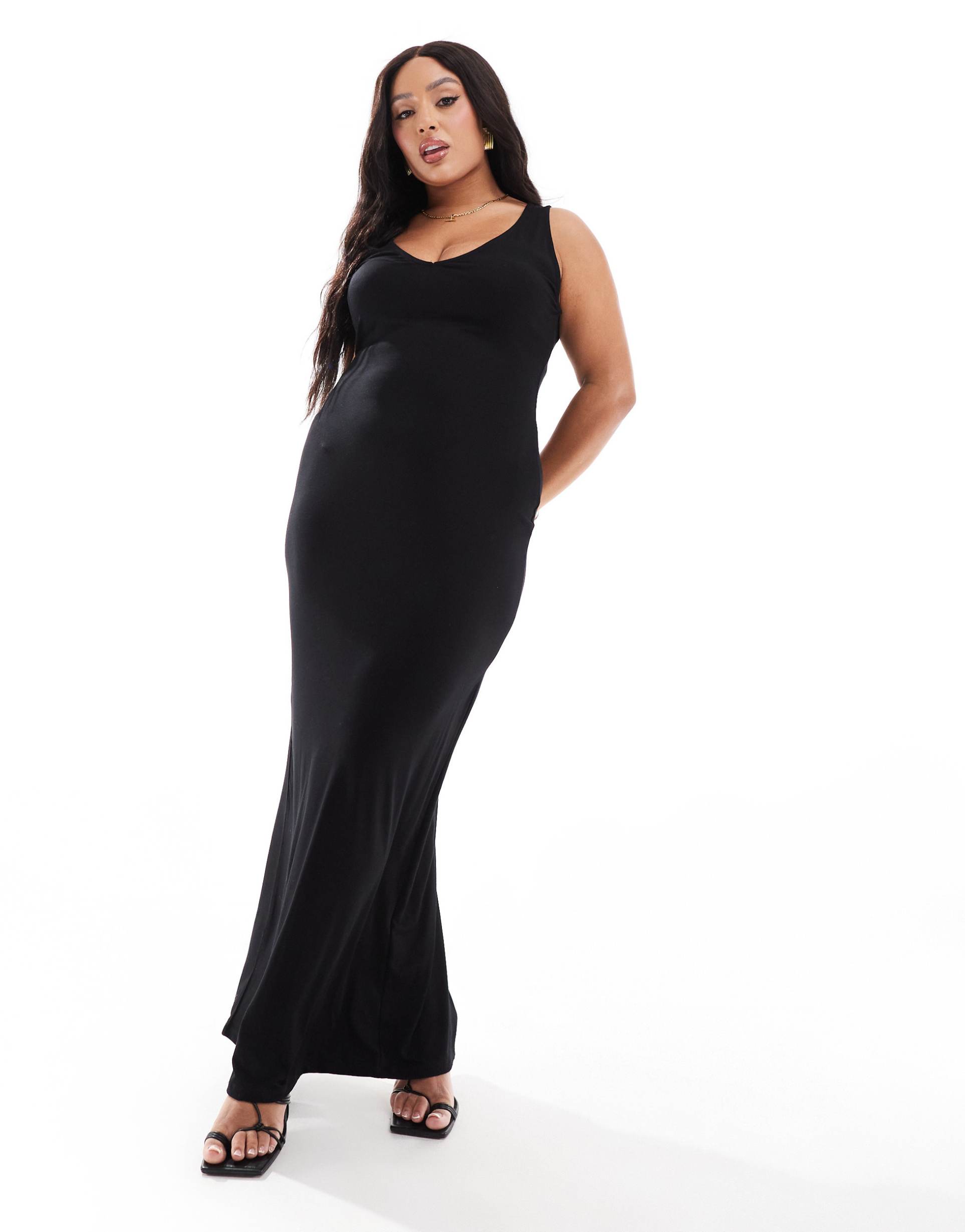 asos design curve 90s neckline minimal maxi dress in black