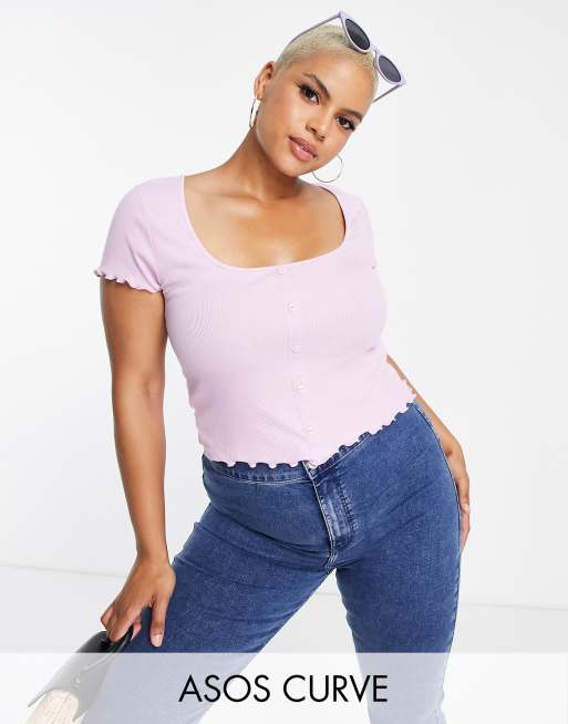 ASOS DESIGN Curve 90s shrunken button rib top in lilac