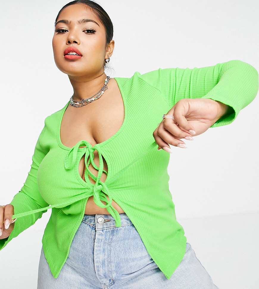 ASOS DESIGN Curve 90s shrunken rib cardigan with tie front and thumbholes in green