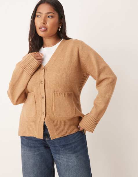 ASOS DESIGN Curve a line boyfriend cardigan with pocket detail in biscuit - view 1