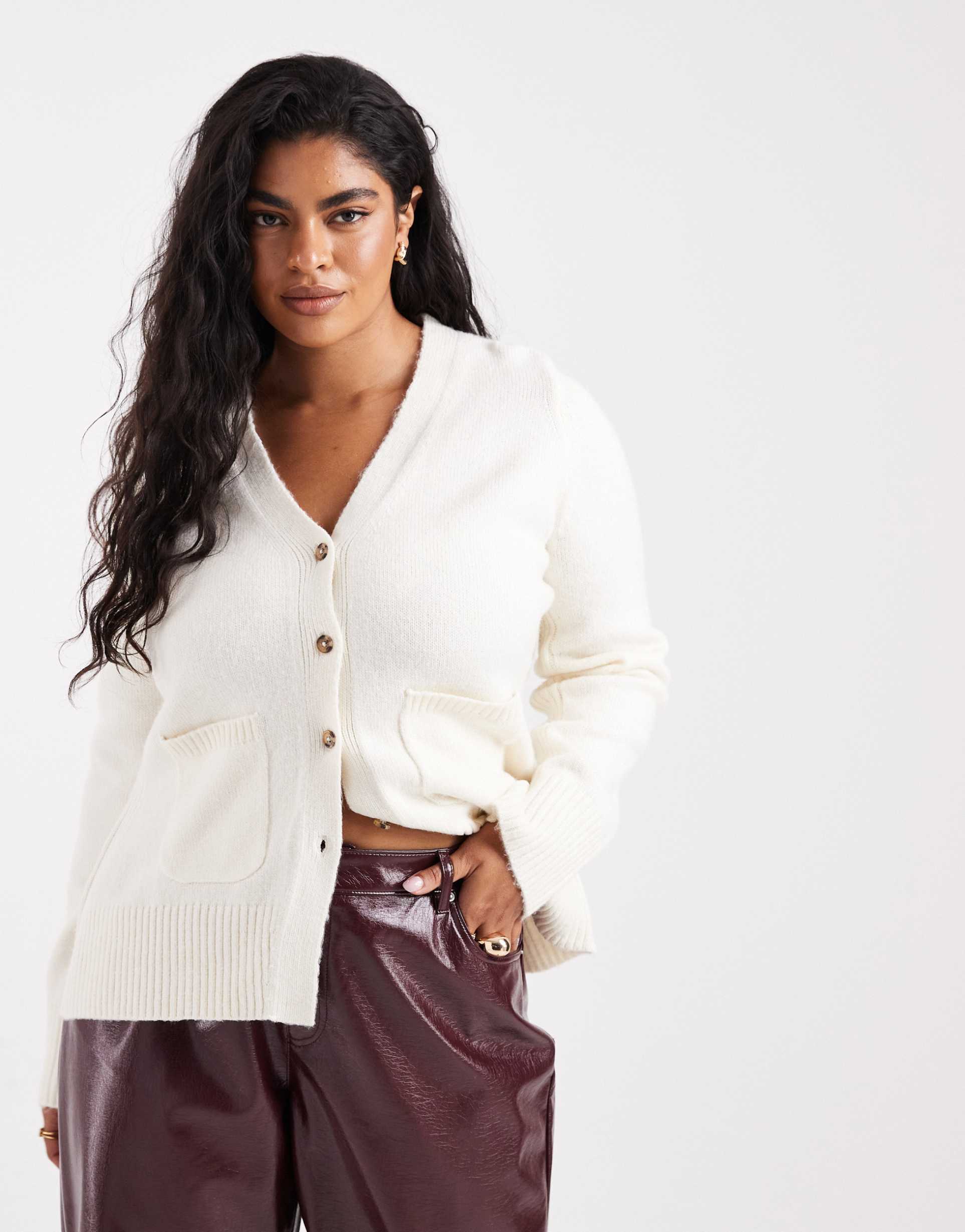 asos design curve a line boyfriend cardigan with pocket detail in cream