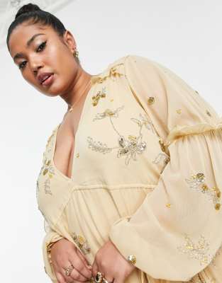 asos design a-line midi dress with cluster embellishment in gold ASOS DESIGN Curve a-line midi dress with cluster embellishment in gold