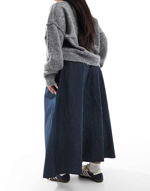 ASOS DESIGN Curve a line tie waist midi skirt in navy stripe ASOS DESIGN Curve a line tie waist midi skirt in navy stripe