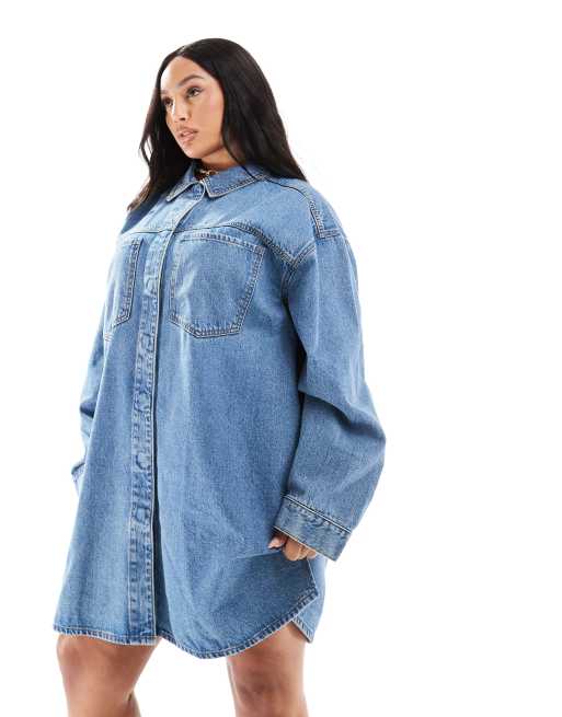 ASOS DESIGN Curve - Aangerimpelde denim mini overhemdjurk in mid-wash blauw, 2 van 4