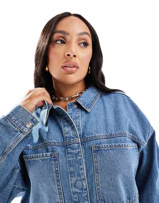 ASOS DESIGN Curve - Aangerimpelde denim mini overhemdjurk in mid-wash blauw, 3 van 4