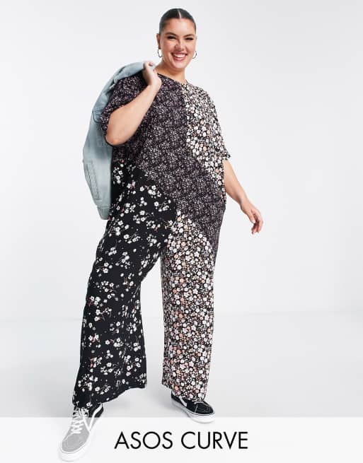 ASOS DESIGN Curve - Aangerimpelde jumpsuit met korte mouwen en gemengde print 